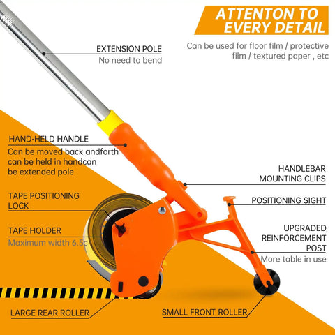 Heavy Duty Floor Tape Applicator For Driveways And Warehouses With Manual Push Marking Tool Non Slip Grip Adjustable Pressure Reusable Tape Roller Workhorse Includes Three Refill Rolls For Aisles And Sports Courts, orange ABS handle