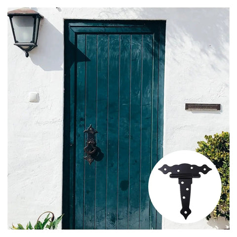 Image of blue door with an inset showing Three Pack T Shape Rustproof Iron Light Duty Shed Hinge For DIY Gates And Doors.