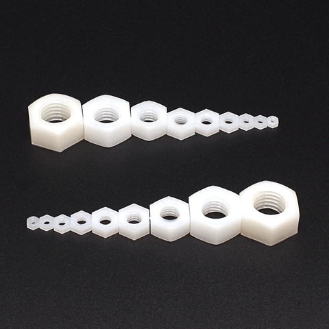 500 Piece Metric Nylon Hex Nuts Assortment Kit Featuring M2 Through M12 white plastic threaded fasteners displayed in various sizes.