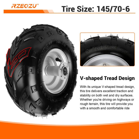 145/70-6 Mini Bike Tire With 6 Inch Rear Rim Assembly Kit showing V-shaped tread and rim design