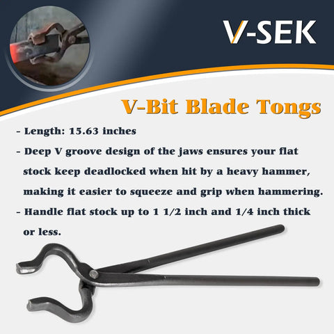 V Bit Blade Tongs Set for Knife Making And Bladesmithing with deep V groove design, 15.63 inches, handles up to 1.5 inch stock