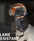 Two Pack Flame Resistant Face Mask Balaclava And Neck Gaiter Featuring Fireproof Layer That Hits Different For Industrial Tasks Motorcycle Rides And Wildfire Prep In Durable Camo Grey - model wearing grey camo balaclava with clear face shield.