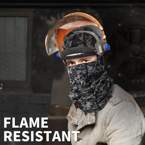 Two Pack Flame Resistant Face Mask Balaclava And Neck Gaiter Featuring Fireproof Layer That Hits Different For Industrial Tasks Motorcycle Rides And Wildfire Prep In Durable Camo Grey - model wearing grey camo balaclava with clear face shield.