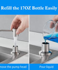 Built In Kitchen Soap Dispenser With Brushed Nickel Finish Top Refill Access showing refill process with pump head removal and liquid pouring