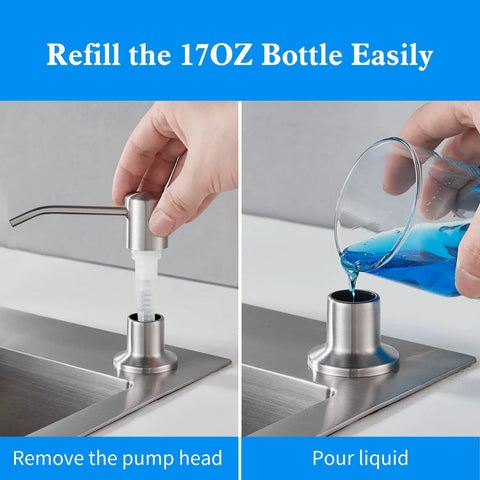 Built In Kitchen Soap Dispenser With Brushed Nickel Finish Top Refill Access showing refill process with pump head removal and liquid pouring