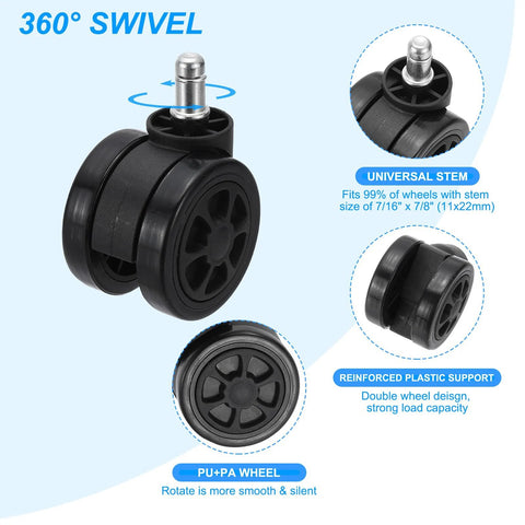 Close-up of Three Inch Office Chair Wheel Replacement with Seven Eighths Inch Universal Stem, compatible with wood floors and carpet.