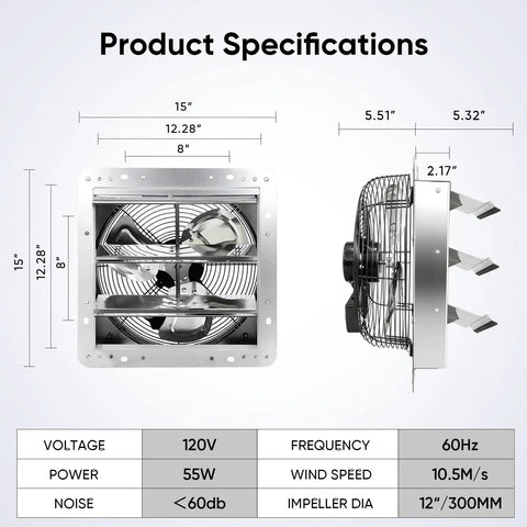 Diagram of the 12 Inch Shutter Exhaust Fan With Aluminum Blades Wall Mounted Attic Vent 1450 CFM Auto Shutter dimensions and specs