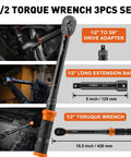 Half Inch Drive Click Torque Wrench Set with 10 to 170 Ft-Lb, 72-Tooth Head, 5-Inch Extension, Adapter, Dual Scale, for Automotive Use.