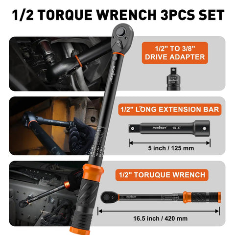 Half Inch Drive Click Torque Wrench Set with 10 to 170 Ft-Lb, 72-Tooth Head, 5-Inch Extension, Adapter, Dual Scale, for Automotive Use.