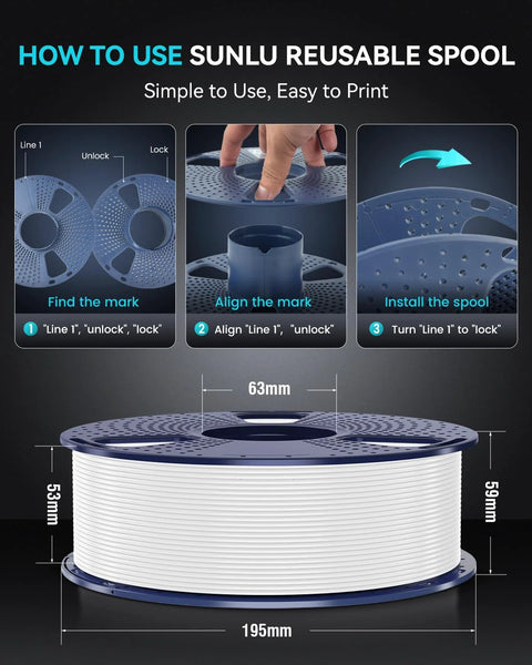 Front view of Sunlu PETG filament on blue reusable spool with white filament; instructional panels above