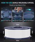 Detailed instructions for using Sunlu reusable spool with diagrams and dimensions, showing alignment and installation steps.