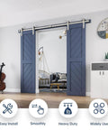 Heavy Duty 8 Ft Brushed Nickel Double Sliding Barn Door Hardware Track Kit With J Pulley installed on blue doors in living room