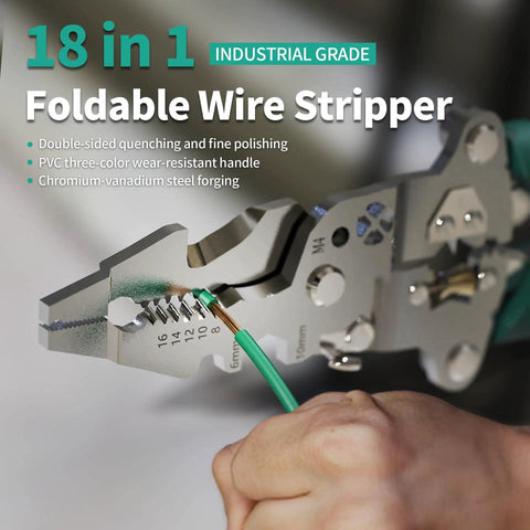 Close-up of 18 In 1 Wire Stripper Cutter Foldable Tool in use with steel jaws gripping green wire, showcasing multifunctional features.