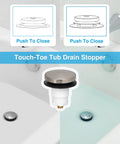 Heavy Duty Foot Operated Tub Stopper With Brushed Nickel Cap And Tight Sealing Rubber Gasket For No Hassle Toe Tap Control displayed in a bathtub.