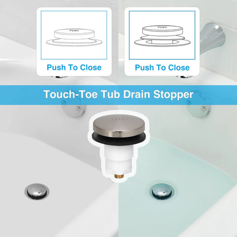 Heavy Duty Foot Operated Tub Stopper With Brushed Nickel Cap And Tight Sealing Rubber Gasket For No Hassle Toe Tap Control displayed in a bathtub.