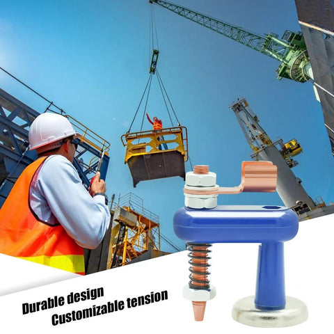 Heavy Duty Magnetic Welding Ground Clamp Tool With Rust Resistant Slip Grip For All Metal Surface Soldering Projects And Reliable Fixture Work in use at a construction site, showcasing its durable design.