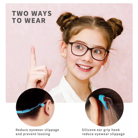 Girl wearing glasses with Kids Silicone Glasses Straps Anti Slip Elastic Eyewear Retainers For Sports Glasses Band Holder