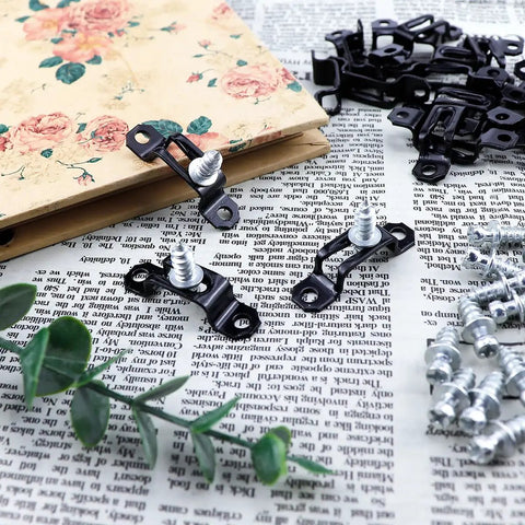 Premium Heavy Duty 60 Piece Concealed Furniture Slide Connectors And Snap On Buckle Fasteners For Rock Solid Cabinet Assembly Tool Free Half Pass Hardware Kit Bundle, black connectors on newspaper background.