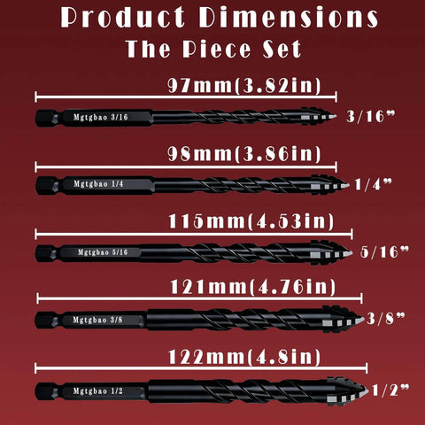 Mgtgbao 10-piece black carbide masonry drill bit set with 4-flute serrated bits, 3/16 to 1/2 in.