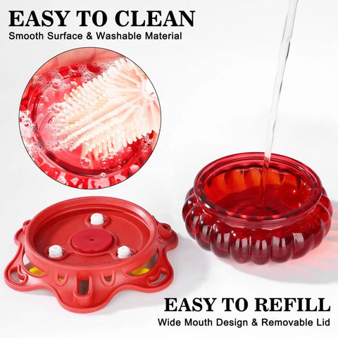 Two Pack Glass Hummingbird Feeders For Outdoors, Hanging Style With Bee Guard Ports, 3.4 Oz Capacity, red feeder parts easy to clean.