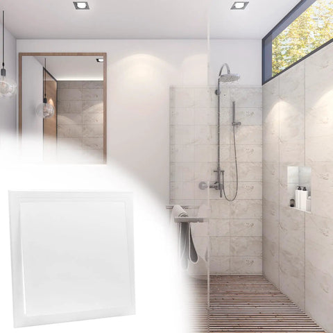 Top Shelf 12X12 Inch Drywall Access Panel With No Sweat Quick Setup And Paintable White Finish For Indoors Or Outdoors Dang Tough ABS Wall Hole Cover in bathroom setting.