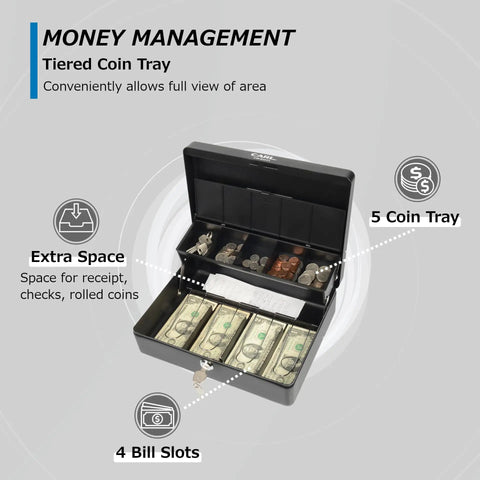 Lockable Cash Box With Coin Tray Durable Metal Money Box With Key Lock for bills and change, featuring tiered coin and bill slots.