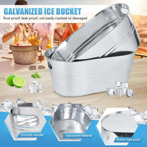 Quad Pack Four Gallon Galvanized Ice Buckets With Heavy Duty Carry Handles For Beers Wines Cocktails And More Rust Proof Leak Proof Metal Cooler Tubs For Home Parties Bar. 4 galvanized ice buckets stacked on tabletop with ice and limes, smooth handle design.