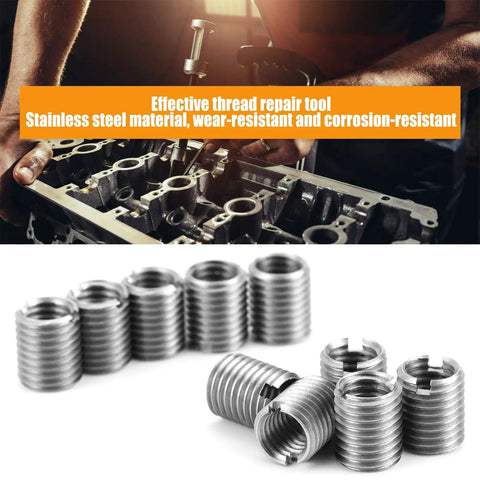 10Pcs Stainless Steel Thread Repair Inserts M8x1.25 To M10x1.25 Kit, visible with machinery and DIY tool in background