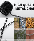 Heavy Duty Three Millimeter Metal Hanging Chain Fifty Foot Length With Organizer Spool Ideal For Hanging Plants Baskets Light Fixtures Chandeliers And Lamps Durable Utility Chain For Indoor Or Outdoor Decor Projects with images showing durability, anti-UV, antirust, waterproof, and smooth features.