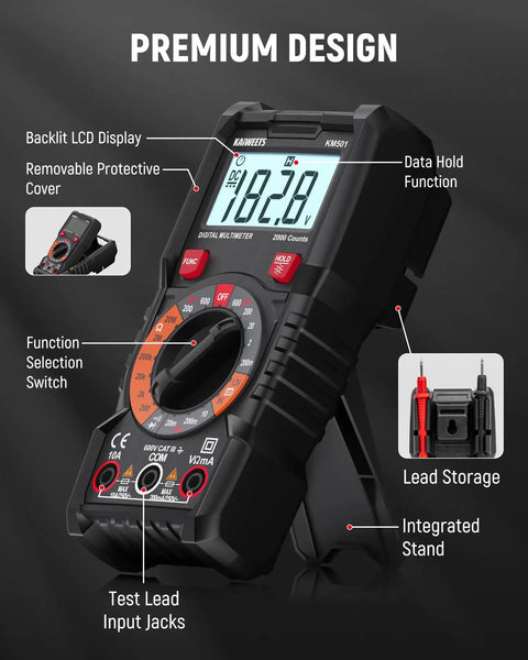 All In One Electrical Test Kit With Digital Multimeter showing LCD display, function switch, and test lead jacks for electricians.