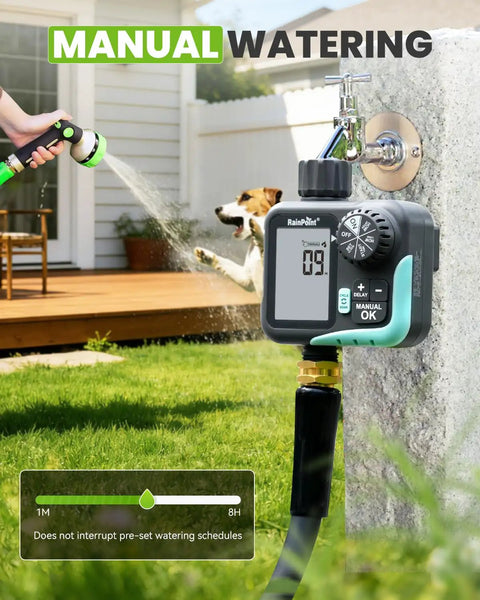 Sprinkler Timer With Cycle And Soak For Garden Hose No Guesswork Automatic And Manual Watering With Rain Delay attached to faucet