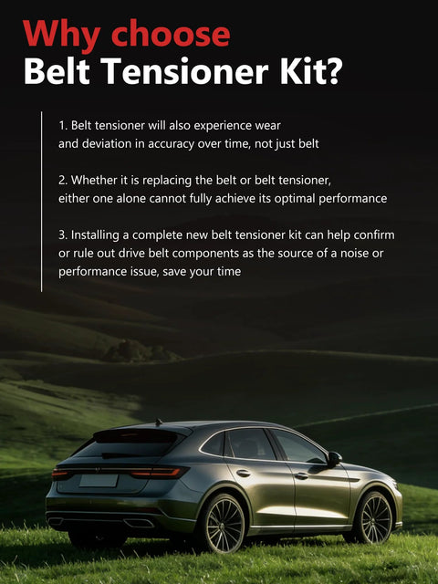 Car on grass with text explaining benefits of Serpentine Belt Kit With Belt And Idler Pulley And Tensioner For Nissan Altima 2007 To 2012