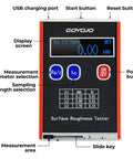 Front view of Surface Roughness Tester With 0.01μm Precision, Portable Roughness Gauge For Ra Rq Rz Rt, display and buttons visible.
