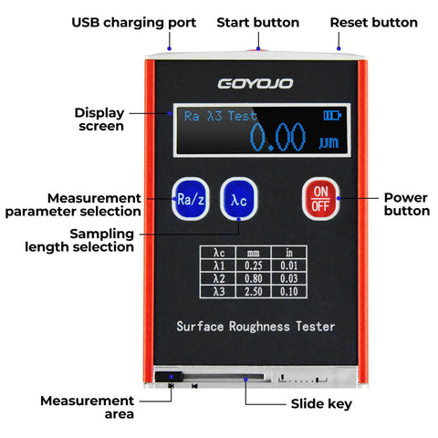 Front view of Surface Roughness Tester With 0.01μm Precision, Portable Roughness Gauge For Ra Rq Rz Rt, display and buttons visible.