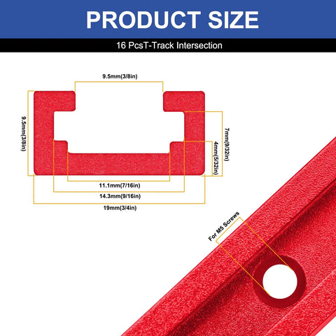 4 Pack T Track Intersection Kit Red For Woodworking showing size dimensions, universal aluminum T tracks