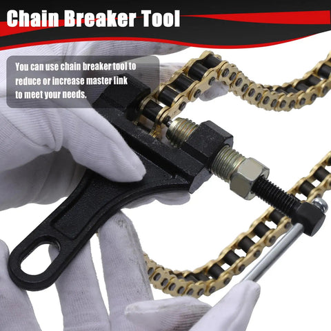 Close-up of chain breaker tool used on Gold 428 Drive Chain With 116 Links And Chain Breaker Tool For 110Cc To 125Cc Dirt Bikes ATVs