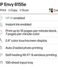 Features list of Envy 6155e Wireless All In One Color Inkjet Printer For Home Use With Duplex Printing Scan Copy AI Enabled And Instant Ink Trial Included No Fuss Easy Setup And Borderless Photo Printing.