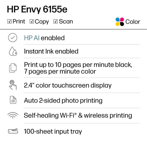 Features list of Envy 6155e Wireless All In One Color Inkjet Printer For Home Use With Duplex Printing Scan Copy AI Enabled And Instant Ink Trial Included No Fuss Easy Setup And Borderless Photo Printing.