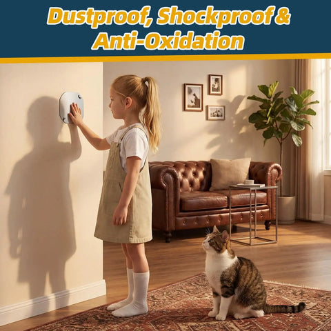Child interacting with wall-mounted air purifier, observed by cat, in living room with sofa and plants.