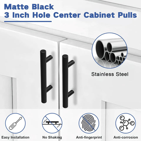 30 Pack Matte Black Stainless Steel Cabinet Handles For Cabinets And Drawers With 3 Inch Hole Center installed on white cabinet