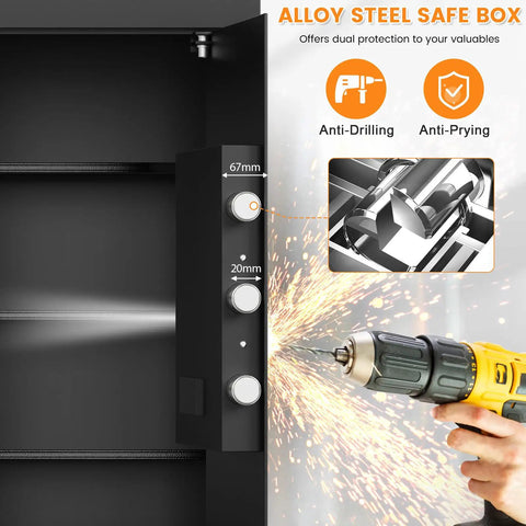 Large Home Safe Box With Heavy Duty Steel Construction, Combination Lock, and Anti Theft Security features being drilled
