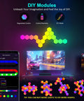 Hexagon RGB LED Light Panels With App And Remote Music Sync Wall Lights For Room Decor 16 Million Colors 200 Plus Modes Dynamic Effects Epic Gift For Boys Teens Men And Party Lovers in a gaming setup.