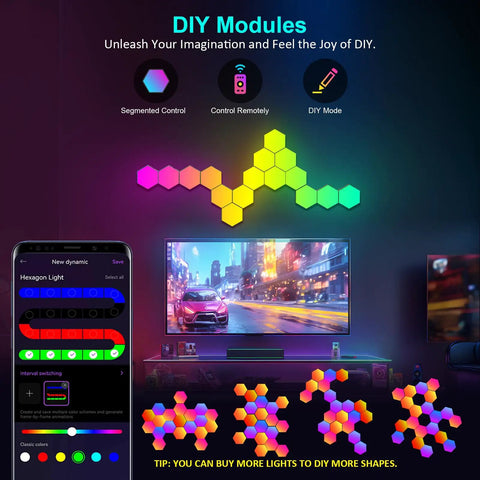 Hexagon RGB LED Light Panels With App And Remote Music Sync Wall Lights For Room Decor 16 Million Colors 200 Plus Modes Dynamic Effects Epic Gift For Boys Teens Men And Party Lovers in a gaming setup.