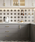 Modern kitchen with brushed brass Gold Cabinet Pulls 10 Pack 7 1 2 Inch Hole Center on grey cabinets, geometric backsplash.