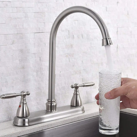 Brushed Nickel Kitchen Faucet With Side Sprayer And High Arc Two Handle Design For 3 Or 4 Hole Sinks Includes Water Supply Line And Easy Install Tool Built From Durable Stainless Steel 13.38 Inch Overall Height And 9.44 Inch Spout in use filling a glass of water