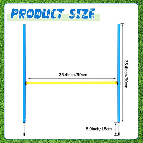 8 Set Dog Agility Jump System With Adjustable Hurdles, size diagram, blue and yellow, showing height and width in inches and cm.