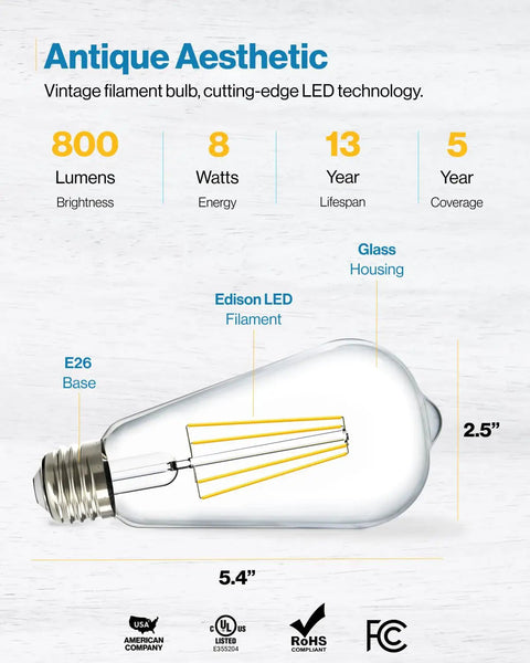 Diagram of Clear Vintage Filament LED ST64 Waterproof Bulbs, 800 Lumens, showing dimensions and features.