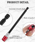 Detailed view of Six Piece Magnetic Drill Bit Extension And Screwdriver Bit Holder Set For Impact Drivers And Drills, 1/4 Inch Hex Shank, showing CR-V material and built-in magnetism.