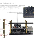 Universal Acrylic Raspberry Pi Case Kit For Pi 5, Pi 4 Model B, Pi 3 B Plus, Pi 3, Pi 2 B, B Plus And Pi Hat Expansion Boards Protective DIY Case With Easy Install And Non Standard Board Protection shown in side view with measurements and a Pi Hat example