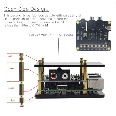 Universal Acrylic Raspberry Pi Case Kit For Pi 5, Pi 4 Model B, Pi 3 B Plus, Pi 3, Pi 2 B, B Plus And Pi Hat Expansion Boards Protective DIY Case With Easy Install And Non Standard Board Protection shown in side view with measurements and a Pi Hat example